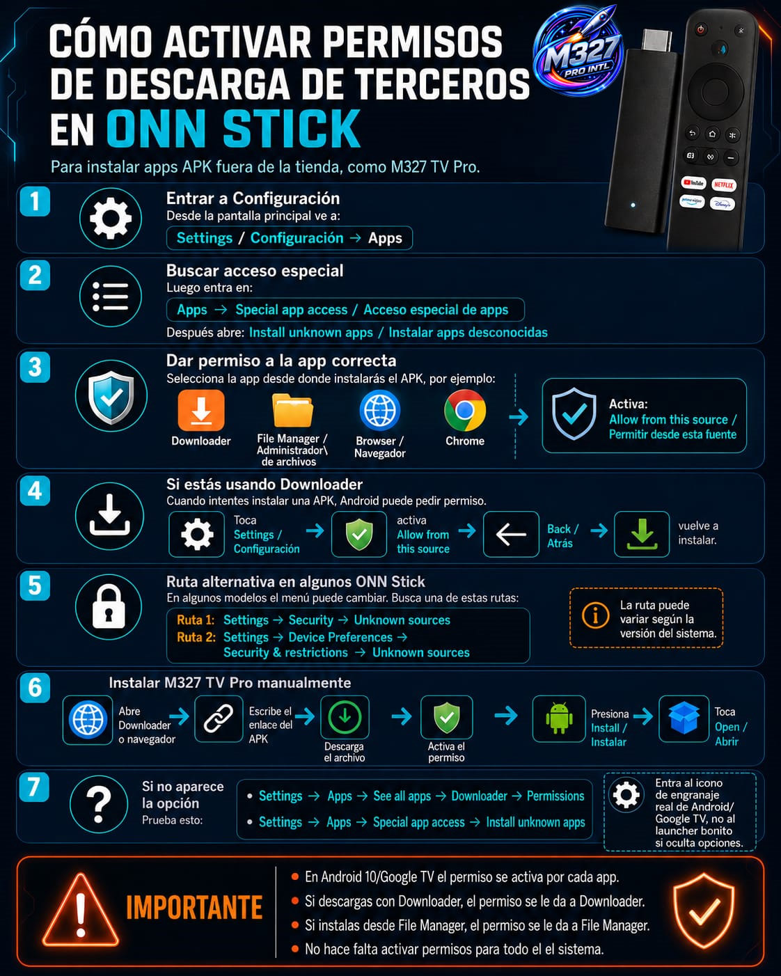 Como activar permisos de descarga de terceros en Onn Stick